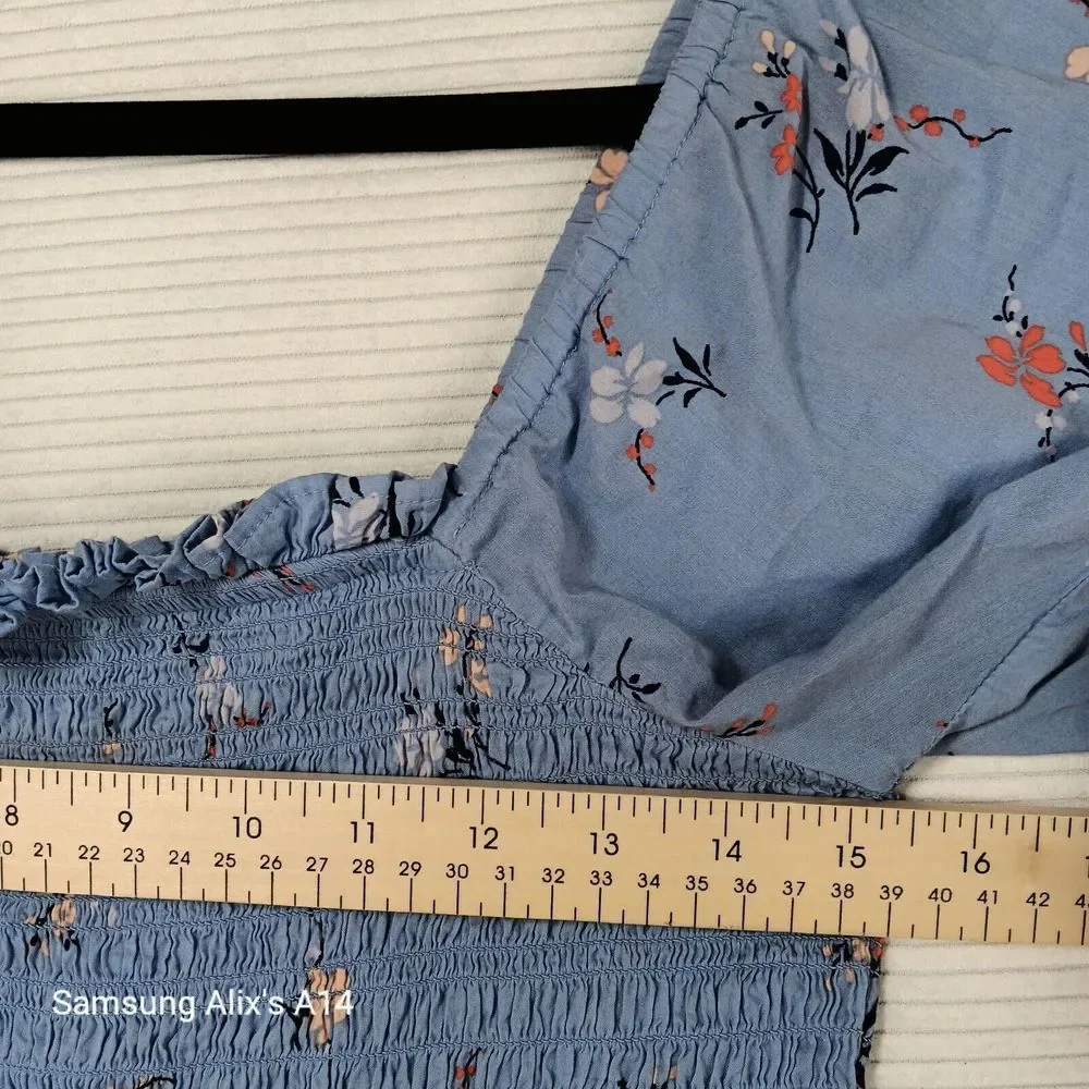 MADEWELL Top Womens S Floral Smocked‎ Cropped Puff Sleeve Cotton Blue